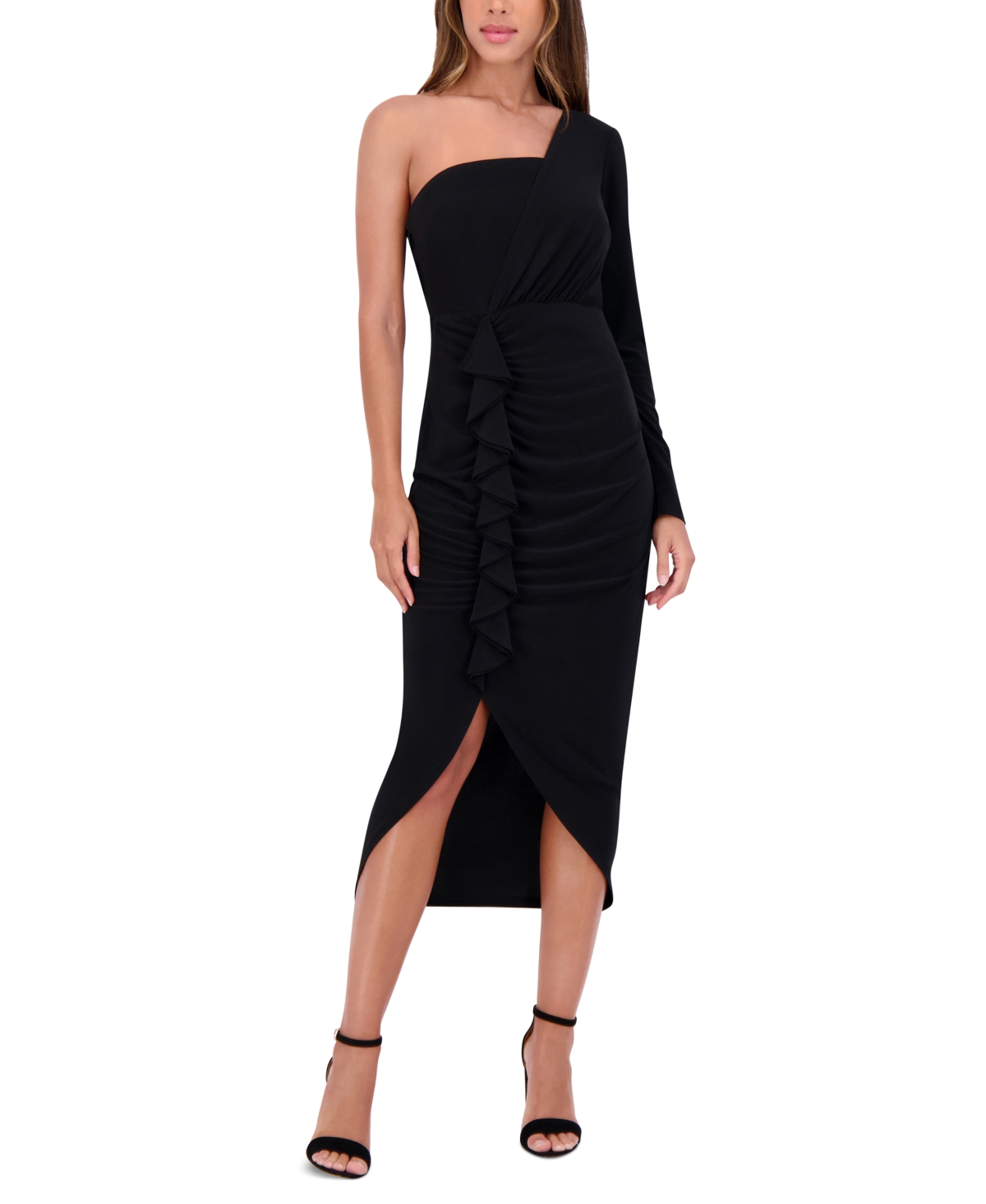Siena Women’s Ruffled One-Shoulder Midi Dress – Black