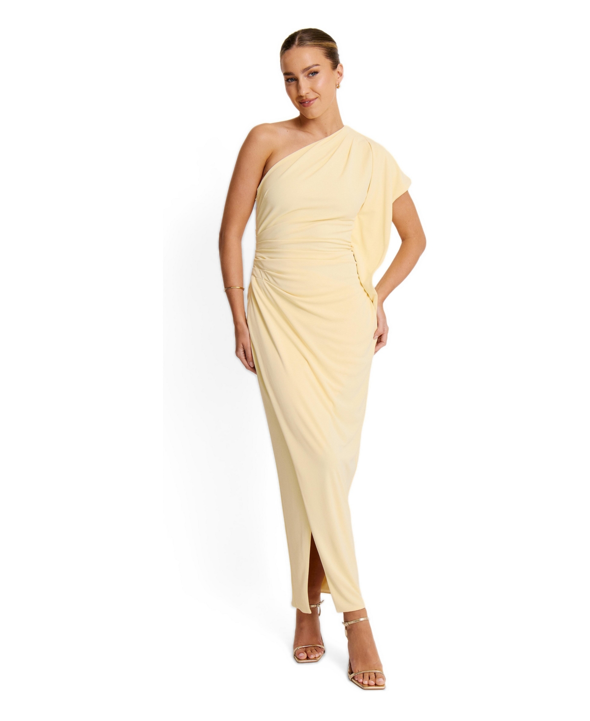 Six Stories Women’s Asymmetric Stretch Gathered Maxi Dress – Pale lemon