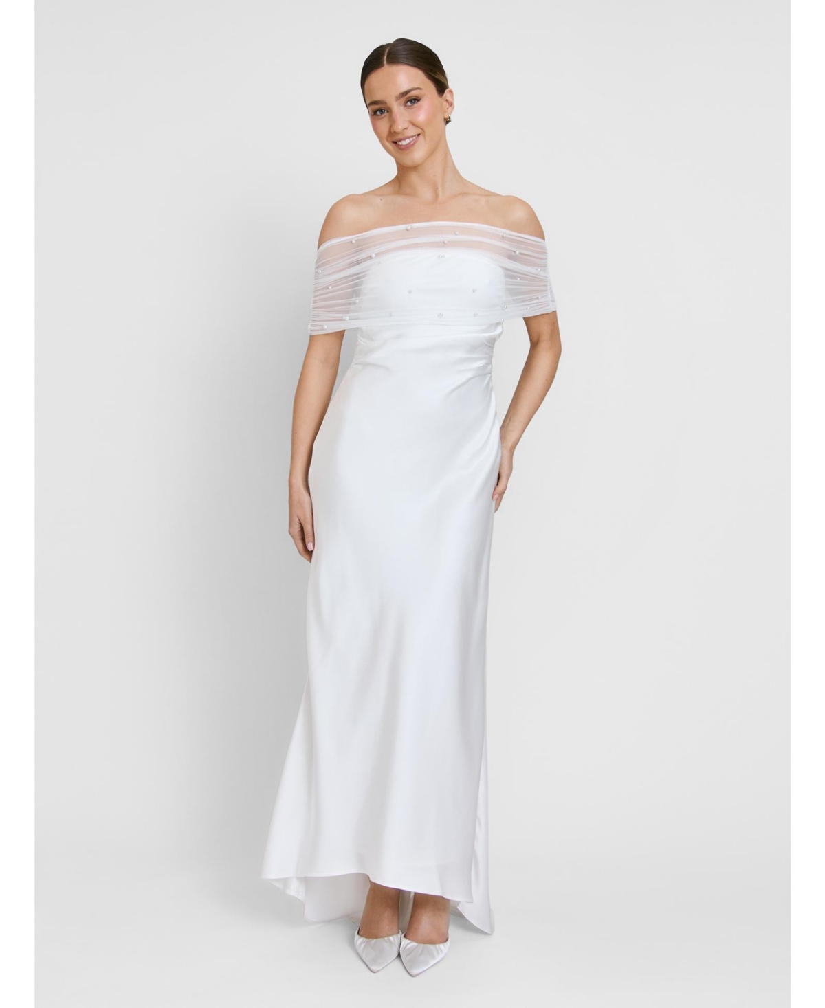Six Stories Women’s Bardot Detail Beaded Satin Midaxi Dress – White Six Stories Women’s Bardot Detail Beaded Satin Midaxi Dress – White