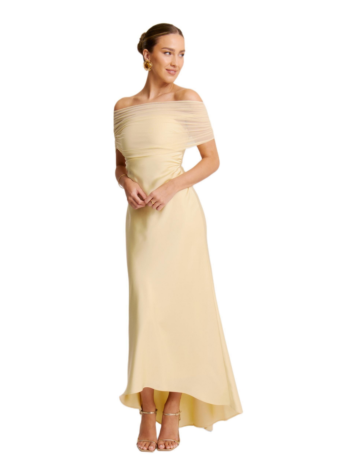 Six Stories Women’s Bardot Satin Maxi Dress – Pale lemon