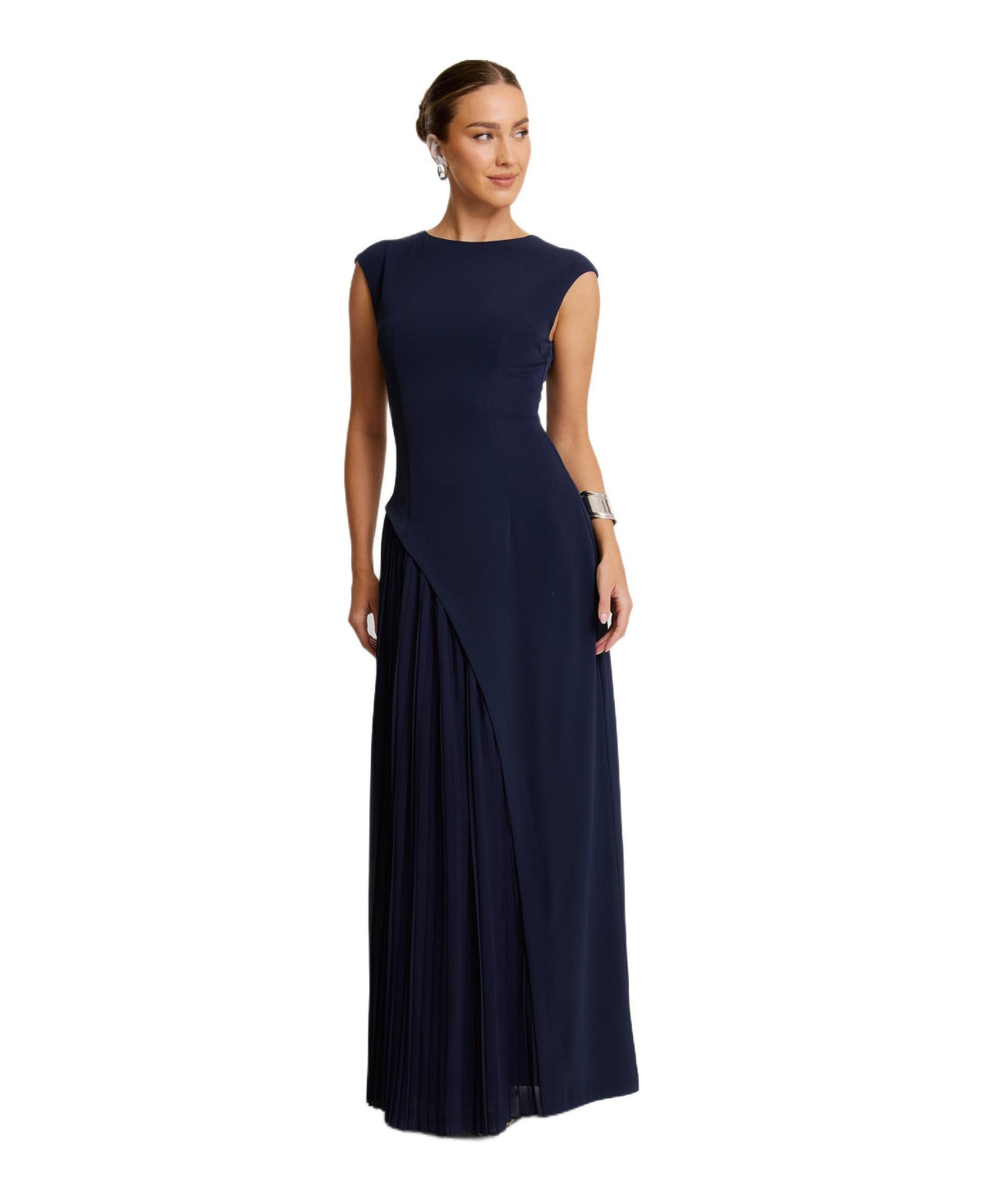 Six Stories Women’s Cap Sleeve Pleated Maxi Dress – Navy