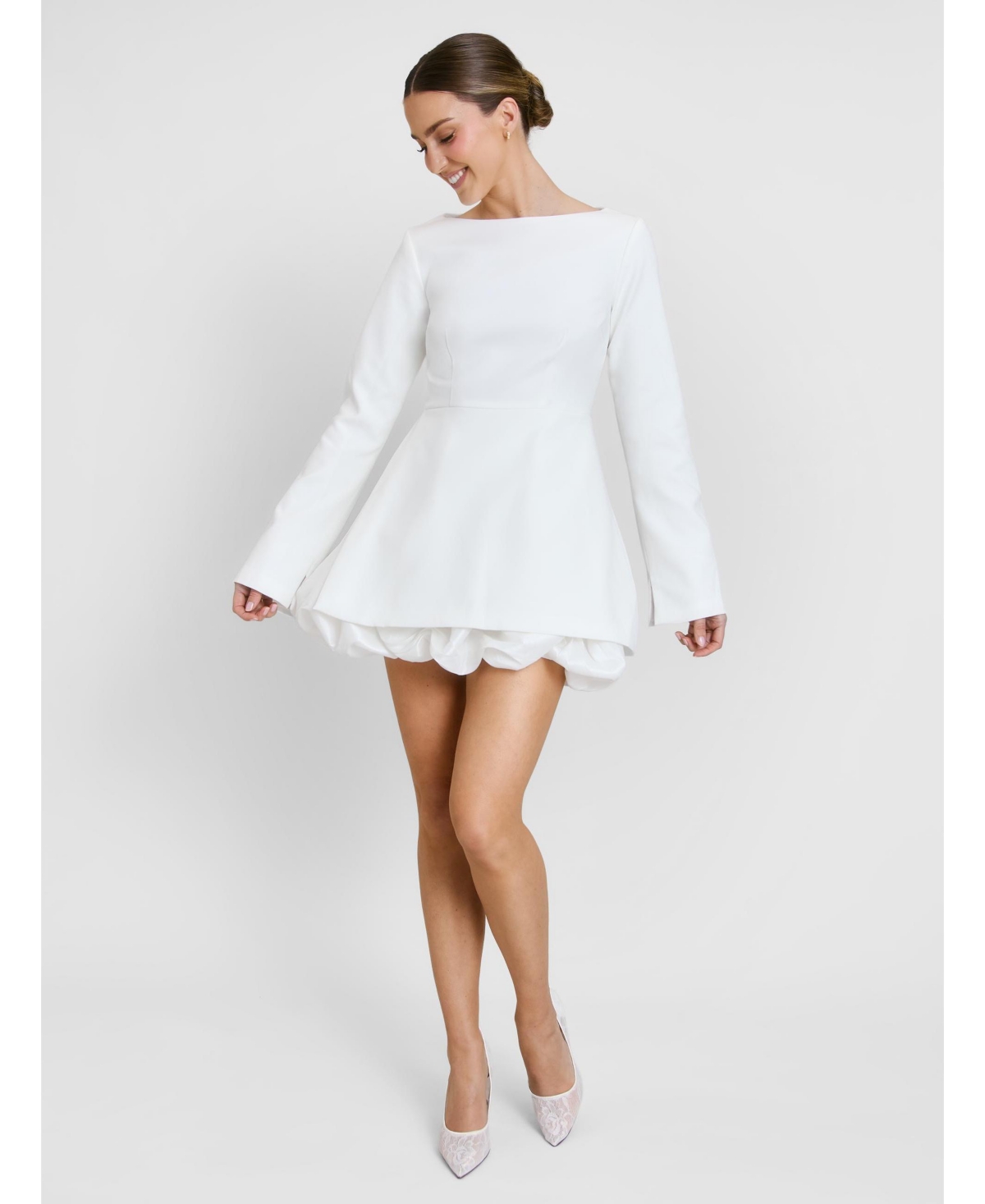 Six Stories Women’s Isla Split Sleeve Bubble Hem Mini Dress – White Six Stories Women’s Isla Split Sleeve Bubble Hem Mini Dress – White