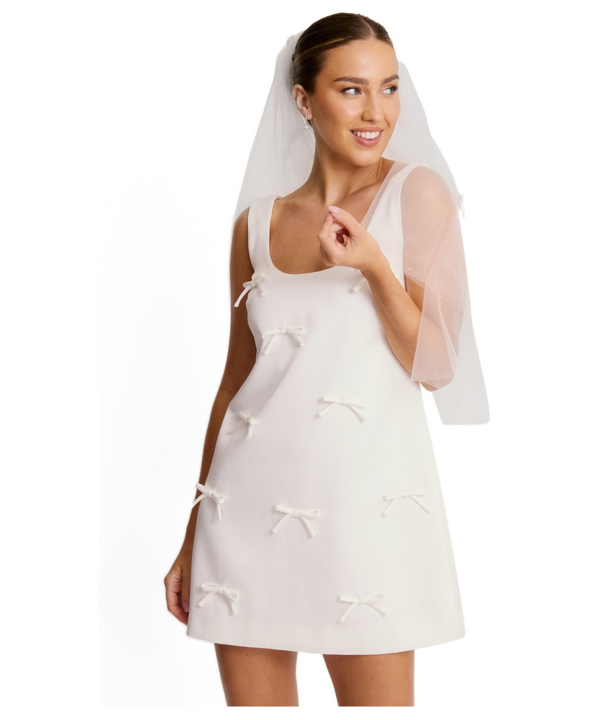 Six Stories Women’s Scoop Neck Bow Detail Mini Dress – White