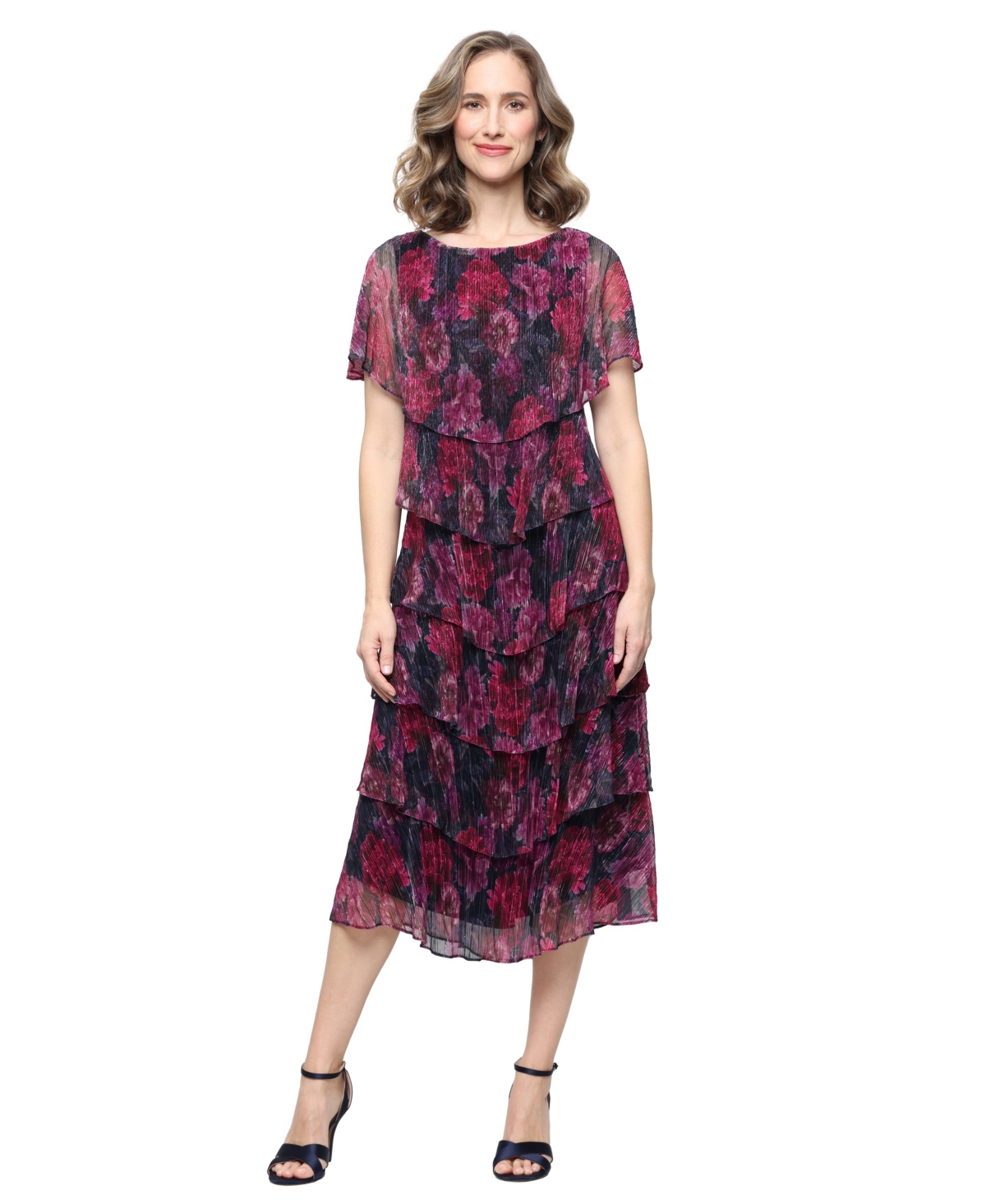 Sl Fashions Women’s Crew Neck Printed Tiered Dress – Pink Overflow