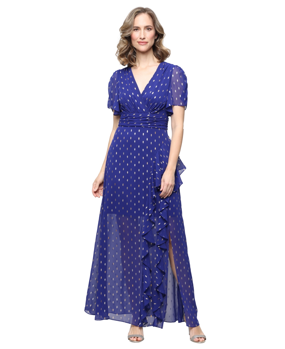 Sl Fashions Women’s Foil-Print V-Neck Ruffle-Trim A-Line Dress – Iris Sl Fashions Women’s Foil-Print V-Neck Ruffle-Trim A-Line Dress – Iris