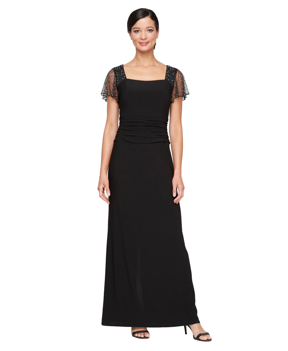 Sl Fashions Women’s Illusion Sleeve Long Dress – BLACK