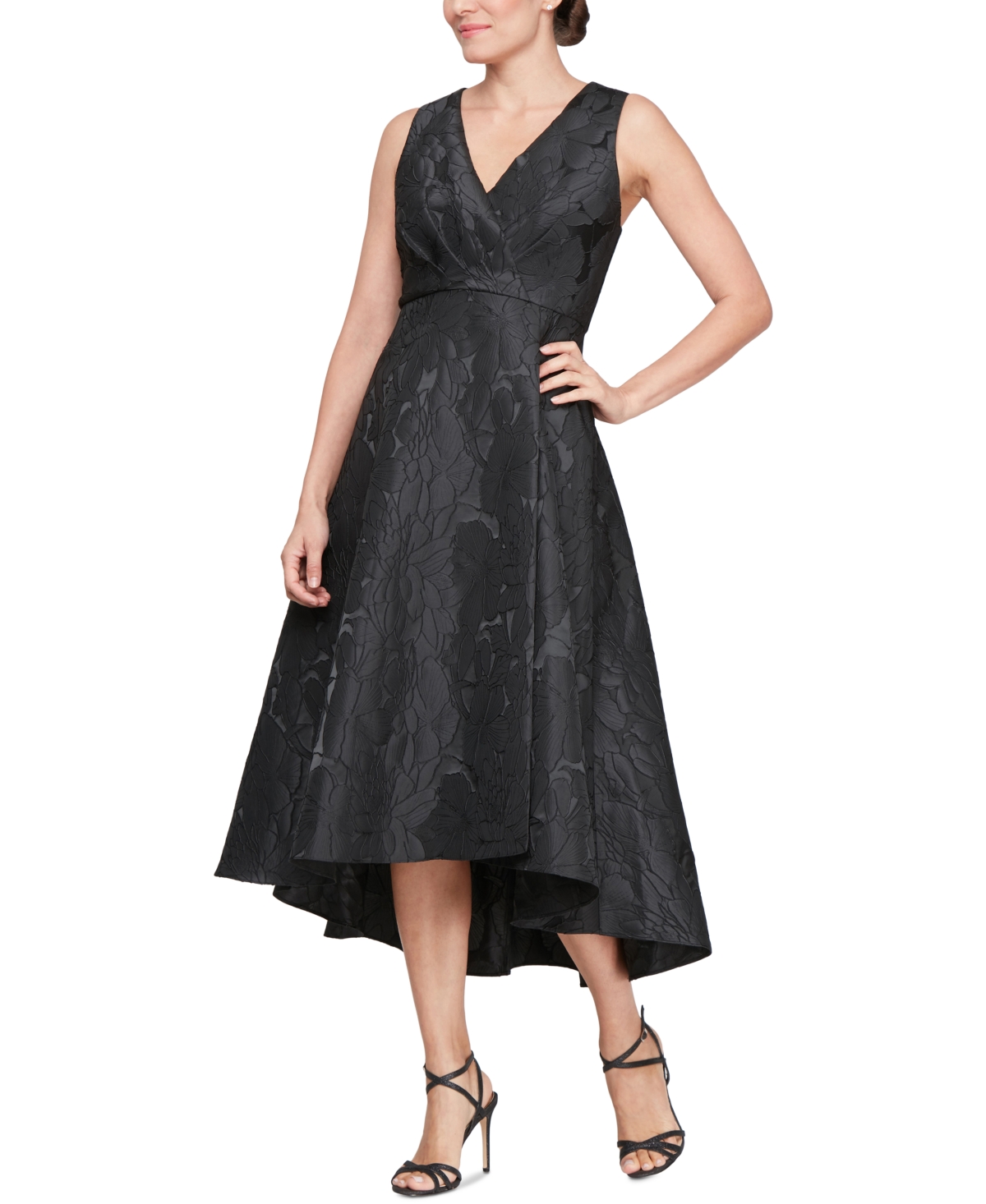 Sl Fashions Women’s Jacquard V-Neck High-Low Dress – Black Sl Fashions Women’s Jacquard V-Neck High-Low Dress – Black