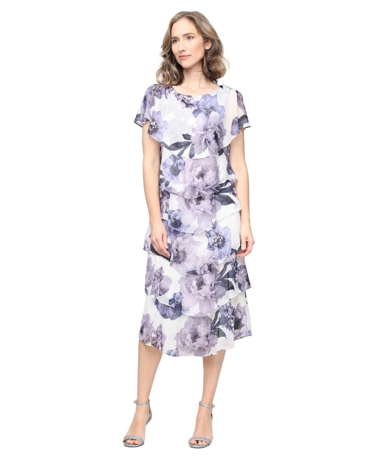 Sl Fashions Women’s Printed Crewneck Tiered Midi Dress – Irovy/Blue Sl Fashions Women’s Printed Crewneck Tiered Midi Dress – Irovy/Blue