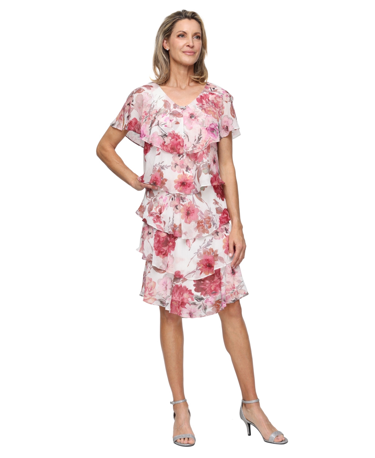 Sl Fashions Women’s Printed V-Neck Tier Dress – Pink Multi