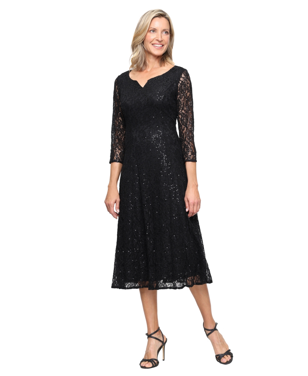 Sl Fashions Women’s Sweetheart Neck Tea Length Sequin Lace Dress – Black Sl Fashions Women’s Sweetheart Neck Tea Length Sequin Lace Dress – Black