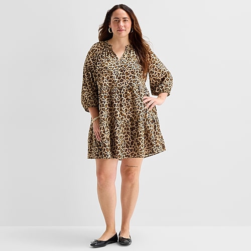 St. John’s Bay Womens Plus Split Crew Neck 3/4 Sleeve Animal A-Line Dress, 0x, Brown