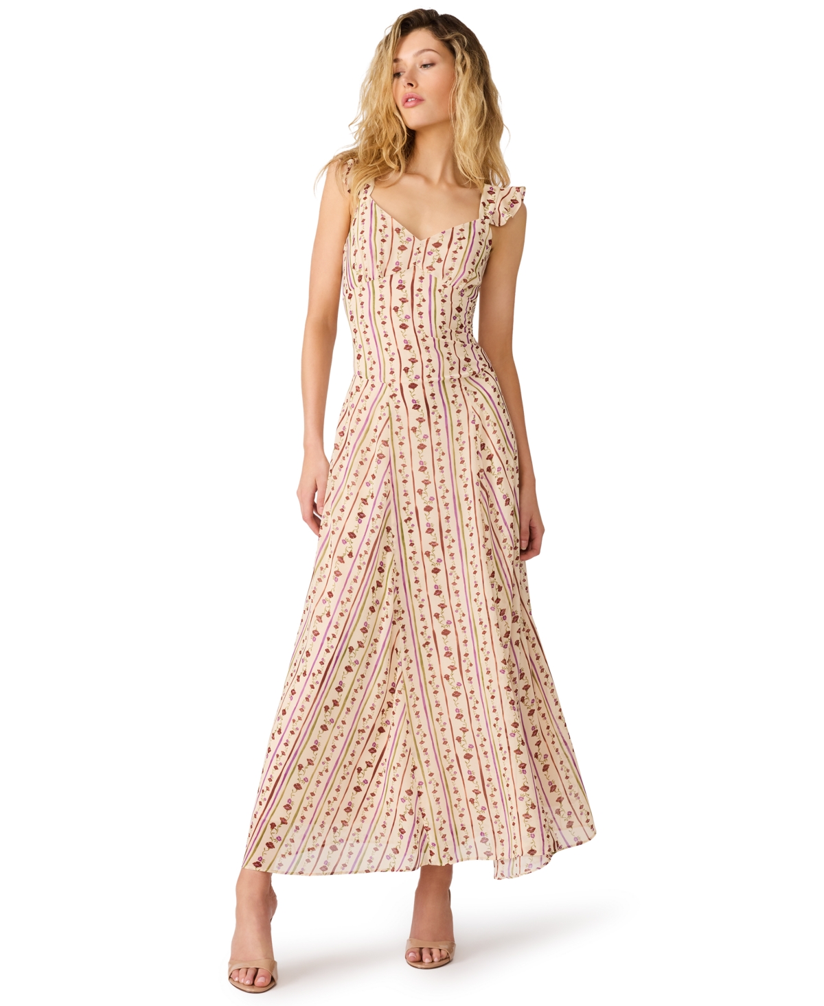 Steve Madden Women’s Estela Sweetheart Fit & Flare Ankle Dress – Ivory Stripe