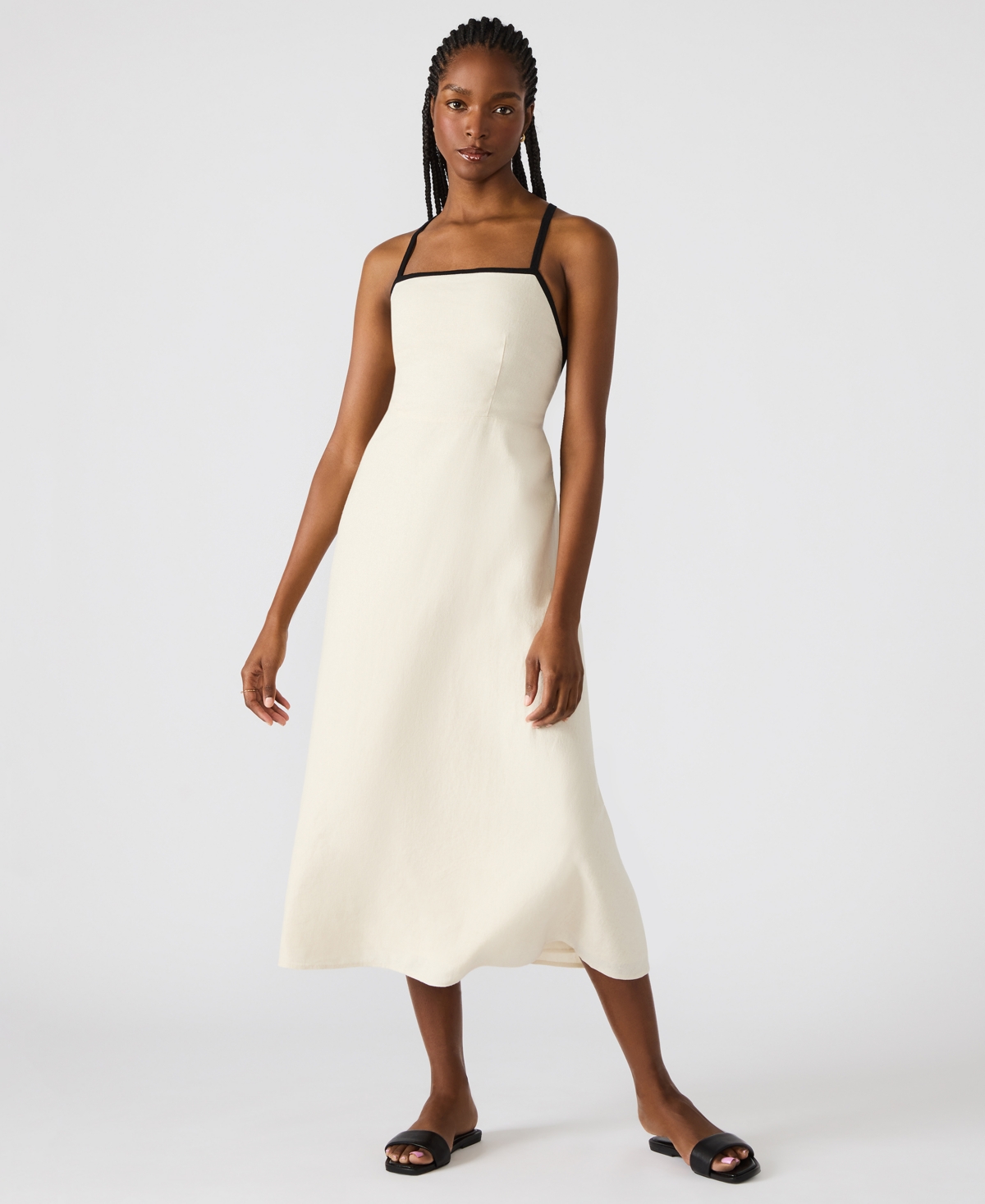 Steve Madden Women’s Riyan Tipped Apron-Neck Midi Dress – Natural