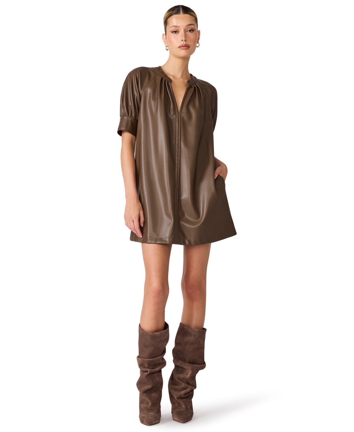Steve Madden Women’s Sharleene Puff-Sleeve Polyurethane Mini Dress – Cocoa Steve Madden Women’s Sharleene Puff-Sleeve Polyurethane Mini Dress – Cocoa