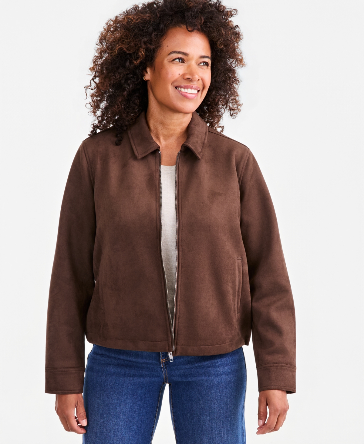 Style & Co Women’s Faux-Suede Bomber Jacket, Macy’s Exclusive – Dark Roast