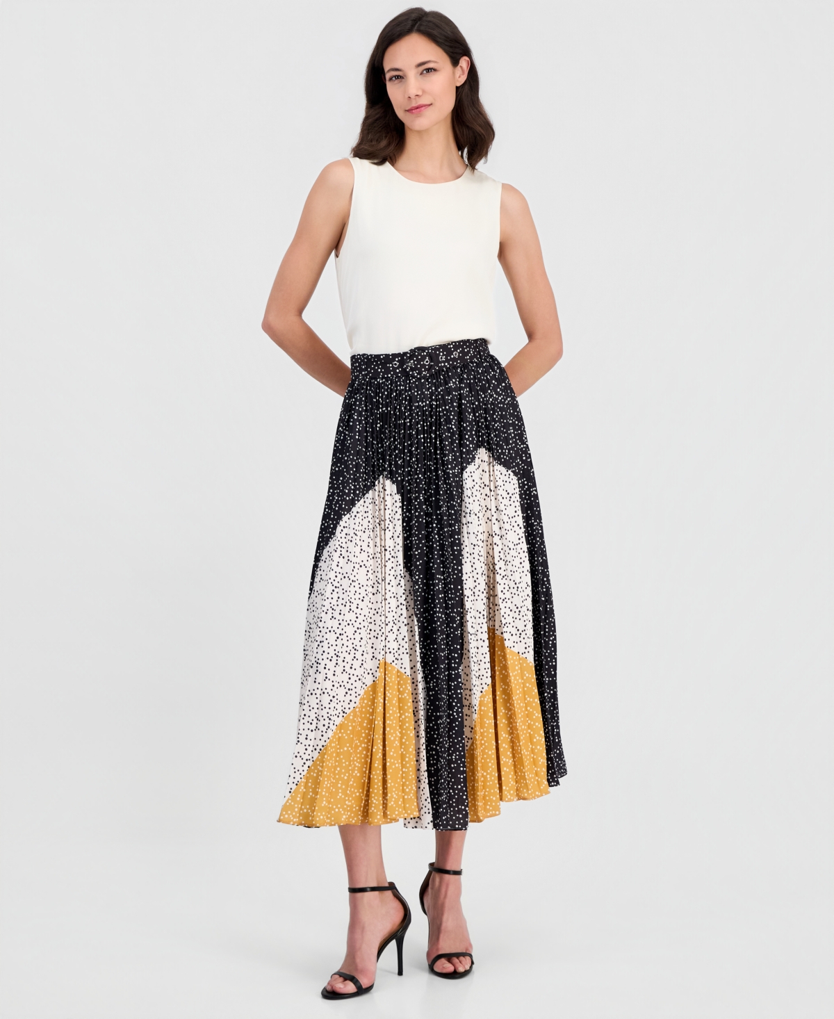 T Tahari Women’s Belted Pleat Skirt – Dotted Wave