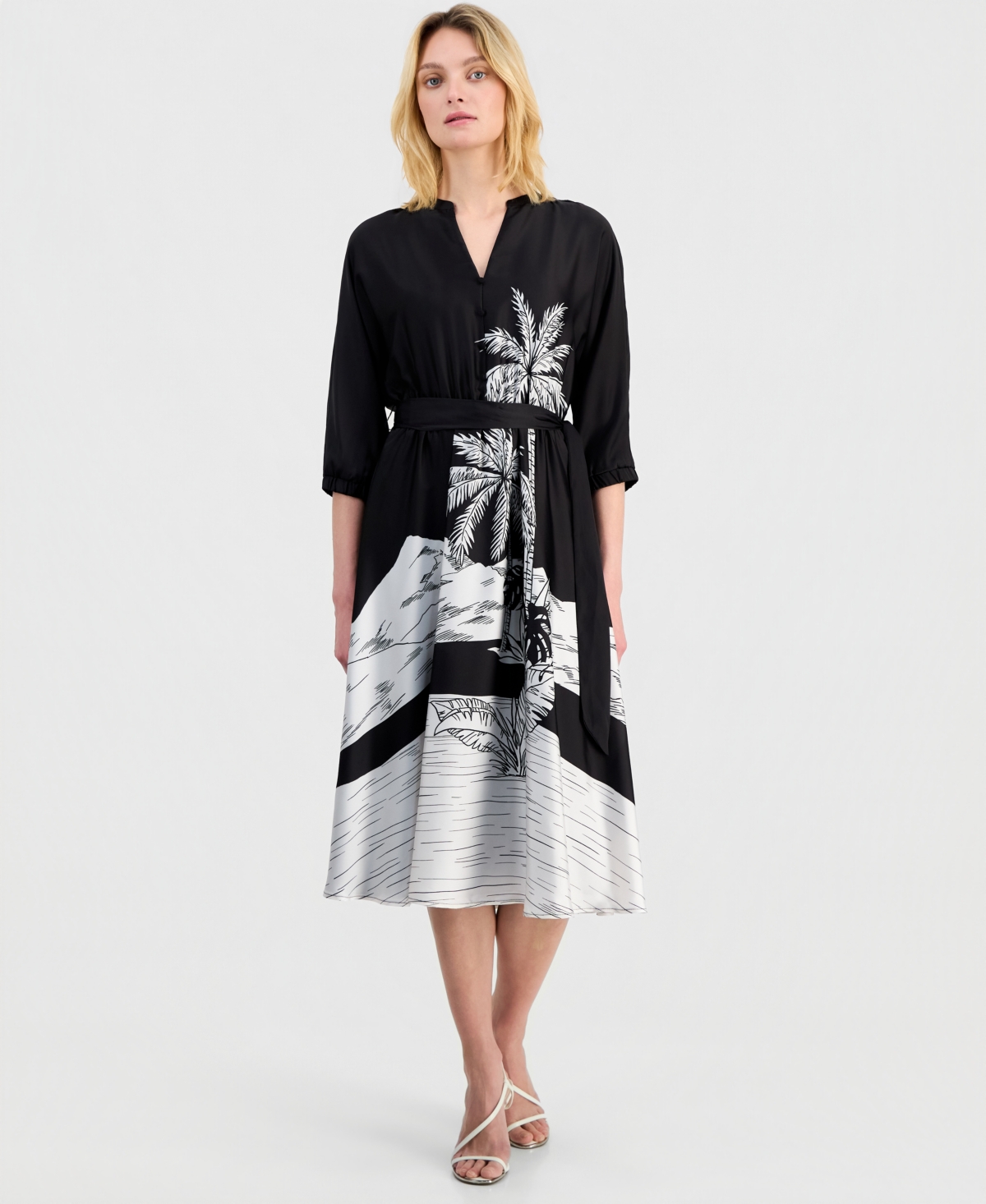 T Tahari Women’s Elbow-Sleeve Split-Neck Midi Dress – Noir Palm T Tahari Women’s Elbow-Sleeve Split-Neck Midi Dress – Noir Palm