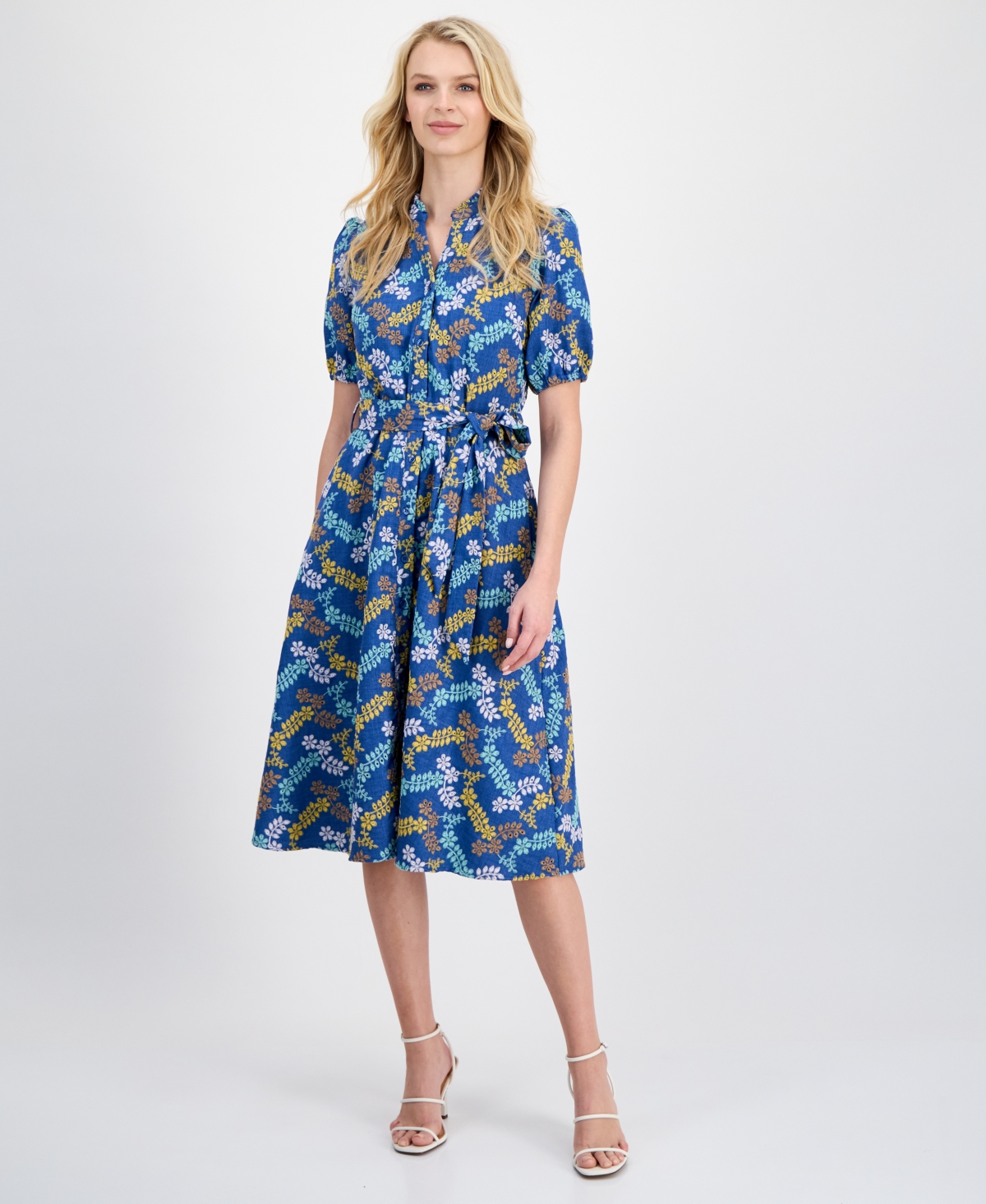 T Tahari Women’s Embroidered Tie-Waist Midi Dress – Denim Multi T Tahari Women’s Embroidered Tie-Waist Midi Dress – Denim Multi
