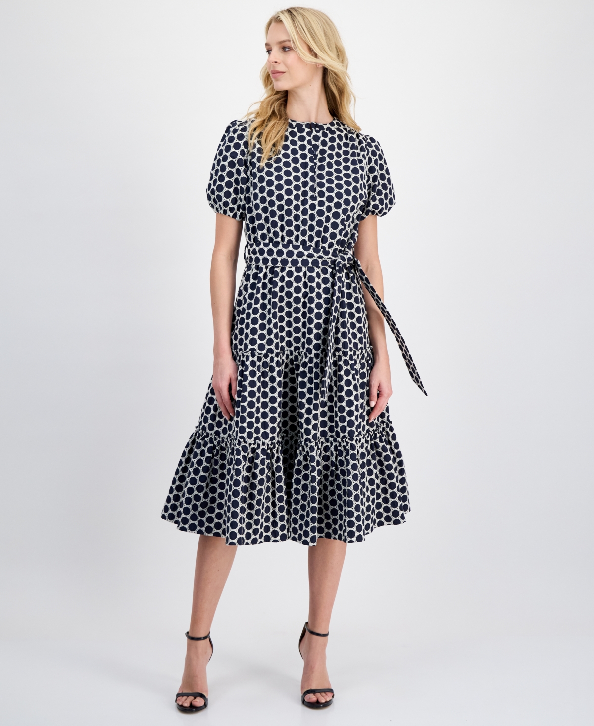 T Tahari Women’s Embroidered Tie-Waist Midi Dress – Navy Eyelet T Tahari Women’s Embroidered Tie-Waist Midi Dress – Navy Eyelet