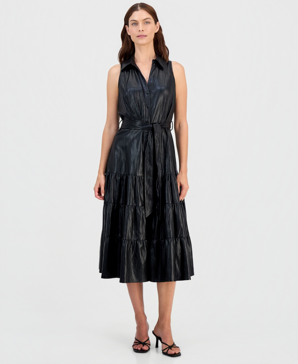 T Tahari Women’s Faux-Leather Tie-Waist Tiered Maxi Dress – Black T Tahari Women’s Faux-Leather Tie-Waist Tiered Maxi Dress – Black