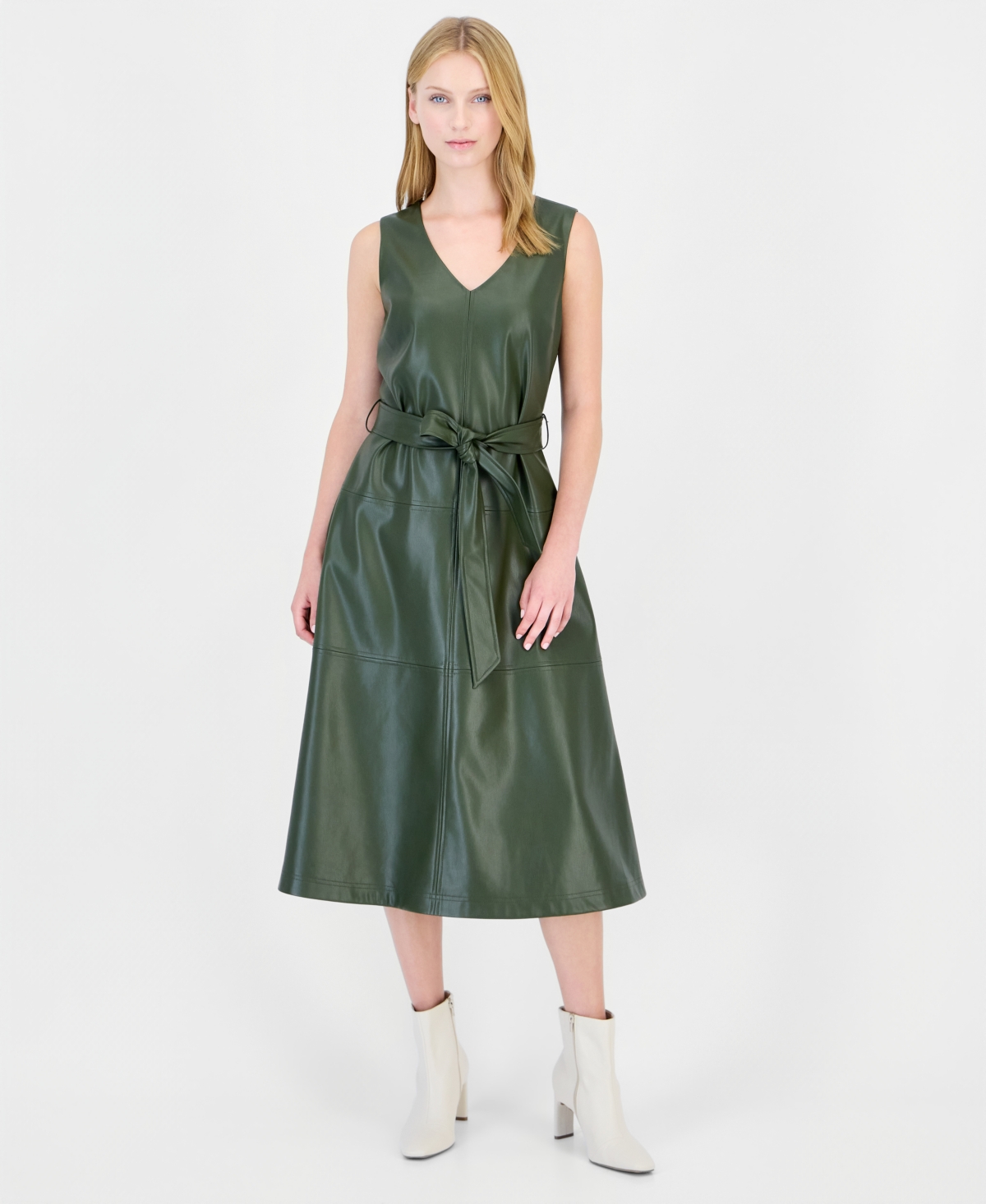 T Tahari Women’s Faux Leather Tiered V-Neck Midi Dress – Olive Moss
