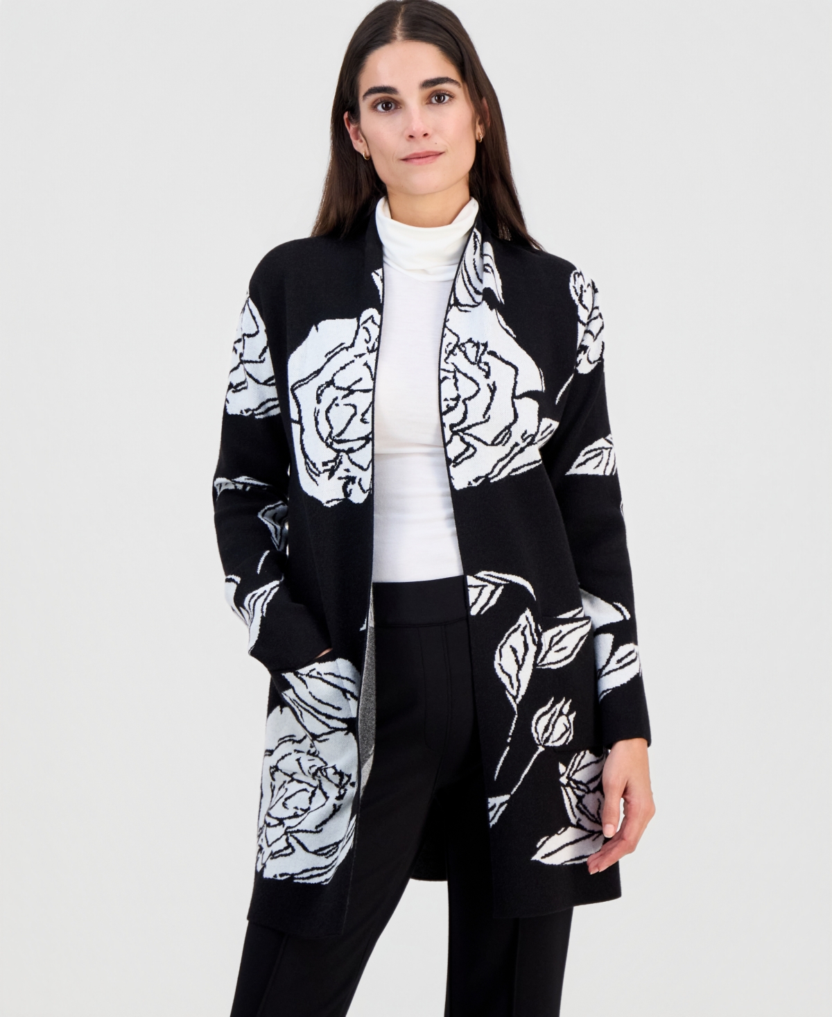 T Tahari Women’s Floral-Jacquard Open-Front Cardigan – Black/Ivory