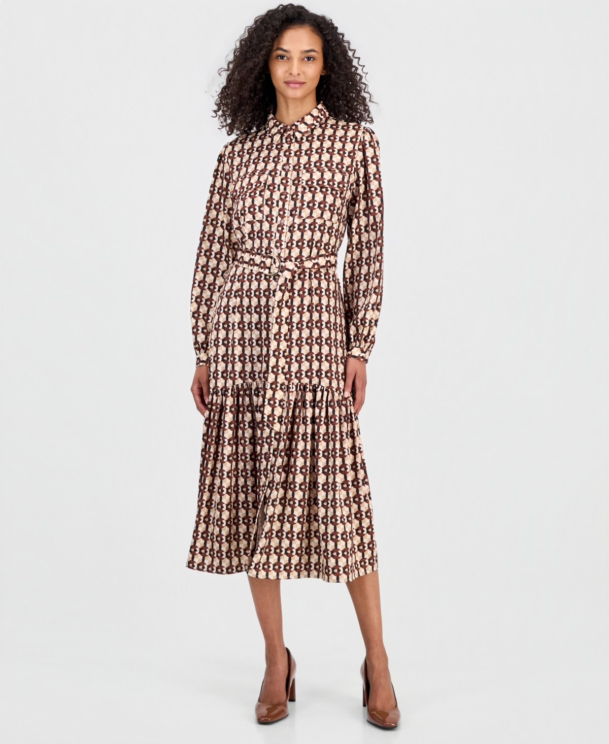 T Tahari Women’s Long-Sleeve Button-Down Peplum Midi Dress – Mosaic Tile Clay Brown Combo T Tahari Women’s Long-Sleeve Button-Down Peplum Midi Dress – Mosaic Tile Clay Brown Combo