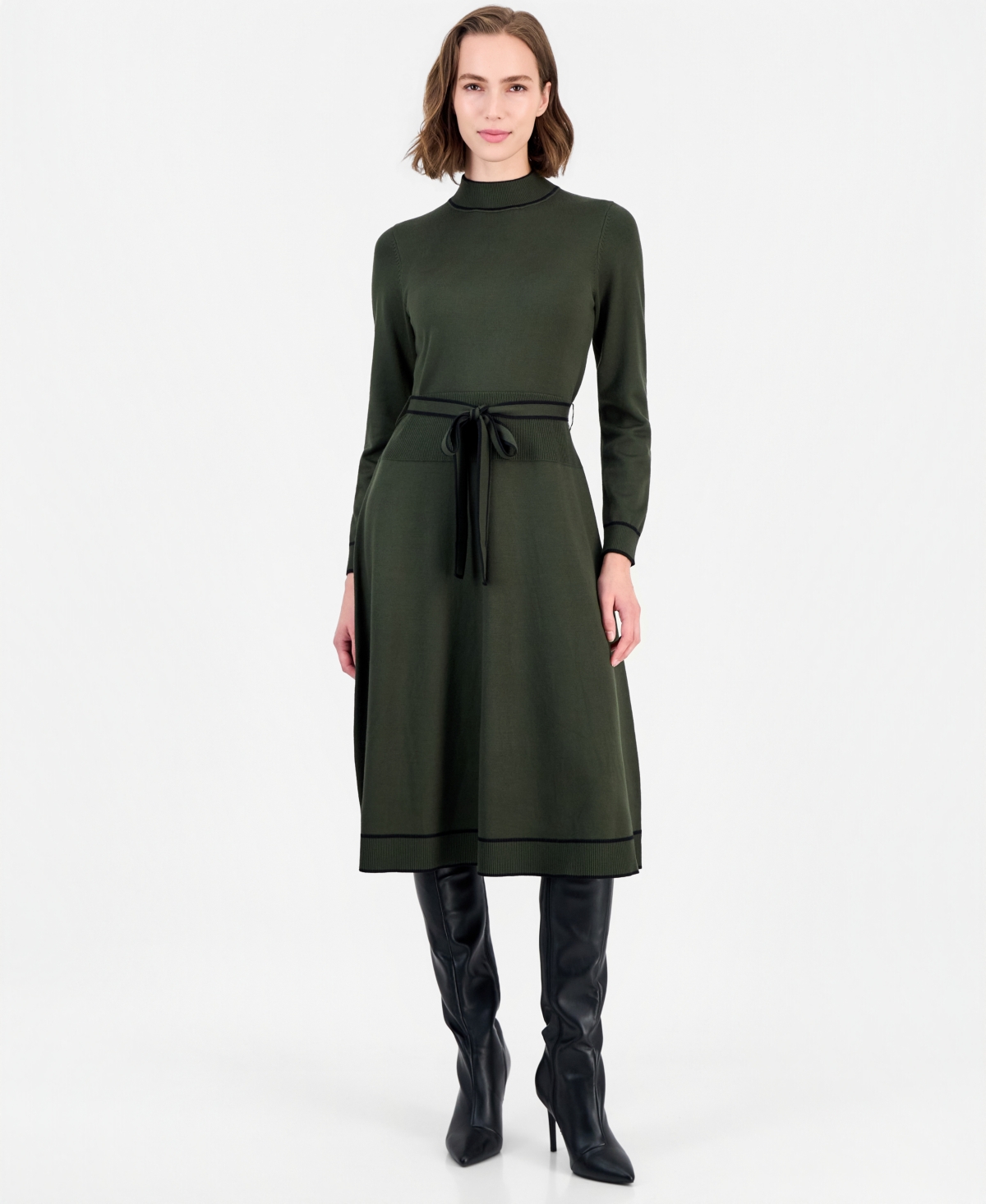 T Tahari Women’s Long Sleeve Mock Neck Belted Dress – Olive Moss / Black T Tahari Women’s Long Sleeve Mock Neck Belted Dress – Olive Moss / Black