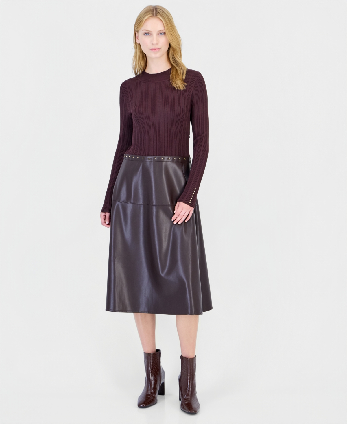T Tahari Women’s Long-Sleeve Mock Neck Midi Dress – Rich Mocha