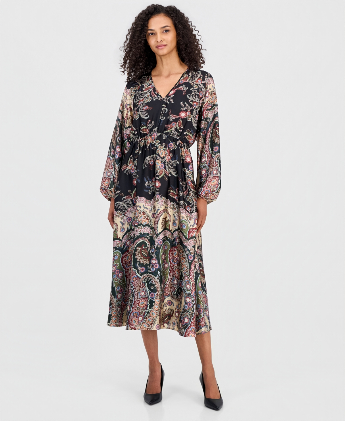 T Tahari Women’s Long-Sleeve Smocked-Waist Split-Neck Midi Dress – Cascade Paisley Print T Tahari Women’s Long-Sleeve Smocked-Waist Split-Neck Midi Dress – Cascade Paisley Print