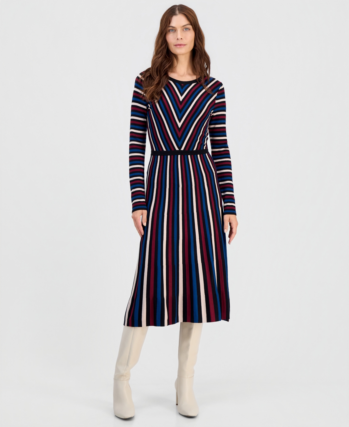 T Tahari Women’s Multicolor Striped Long-Sleeve Midi Dress – Black Multi Stripe T Tahari Women’s Multicolor Striped Long-Sleeve Midi Dress – Black Multi Stripe
