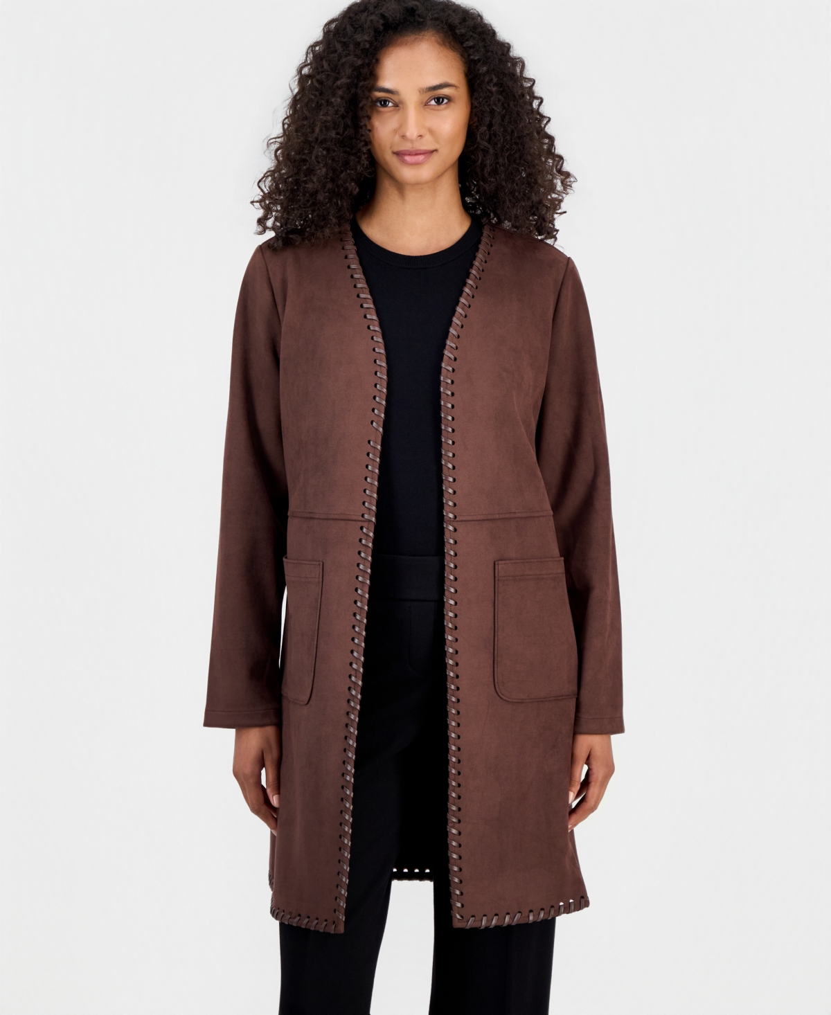 T Tahari Women’s Open-Front Faux-Leather Whipstitch Cardigan – Rich Mocha T Tahari Women’s Open-Front Faux-Leather Whipstitch Cardigan – Rich Mocha