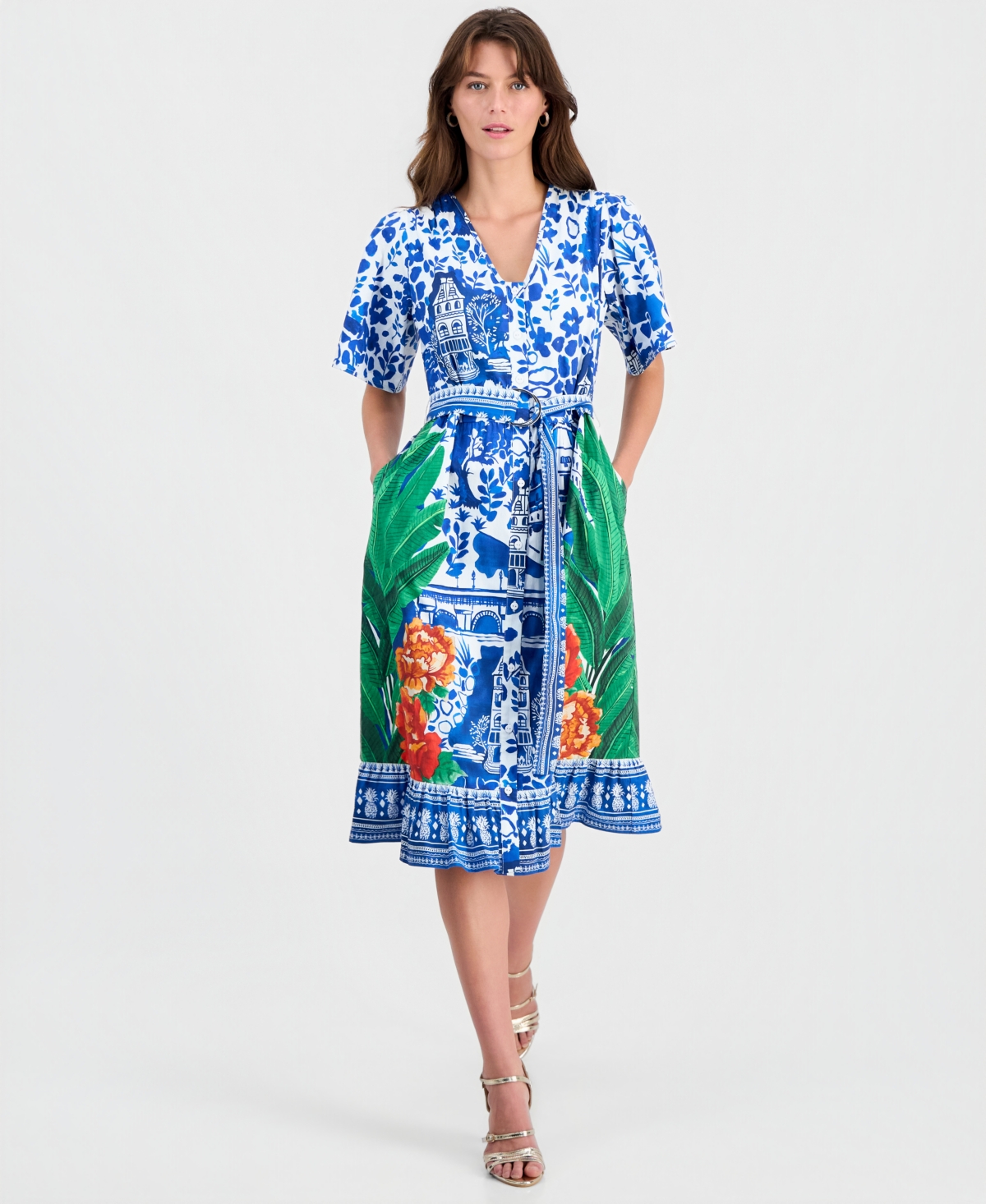 T Tahari Women’s Printed Elbow-Sleeve V-Neck Midi Dress – Bliss Garden
