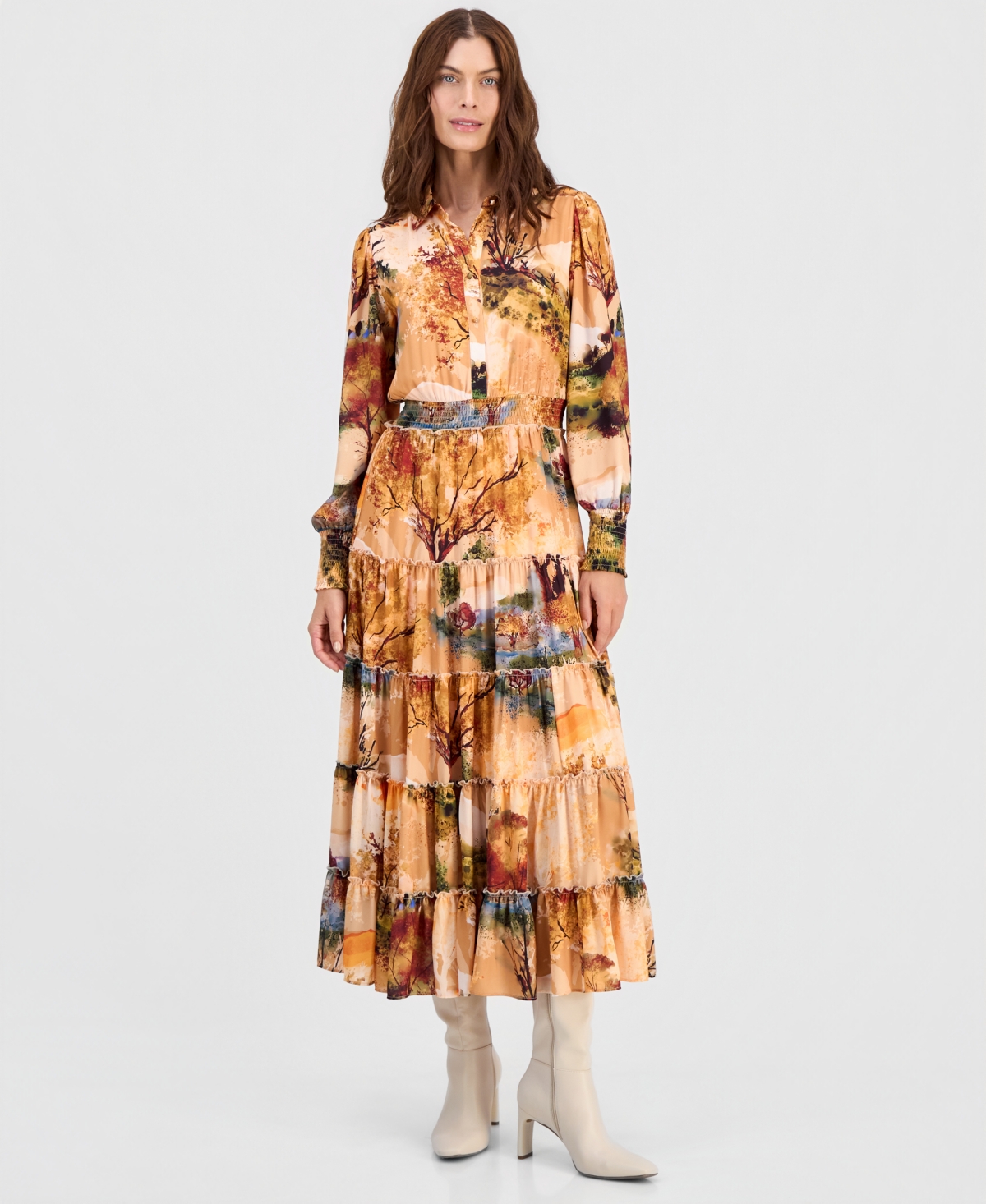 T Tahari Women’s Printed Smocked-Waist Ruffle-Tiered Dress – Riding Paradise Print T Tahari Women’s Printed Smocked-Waist Ruffle-Tiered Dress – Riding Paradise Print