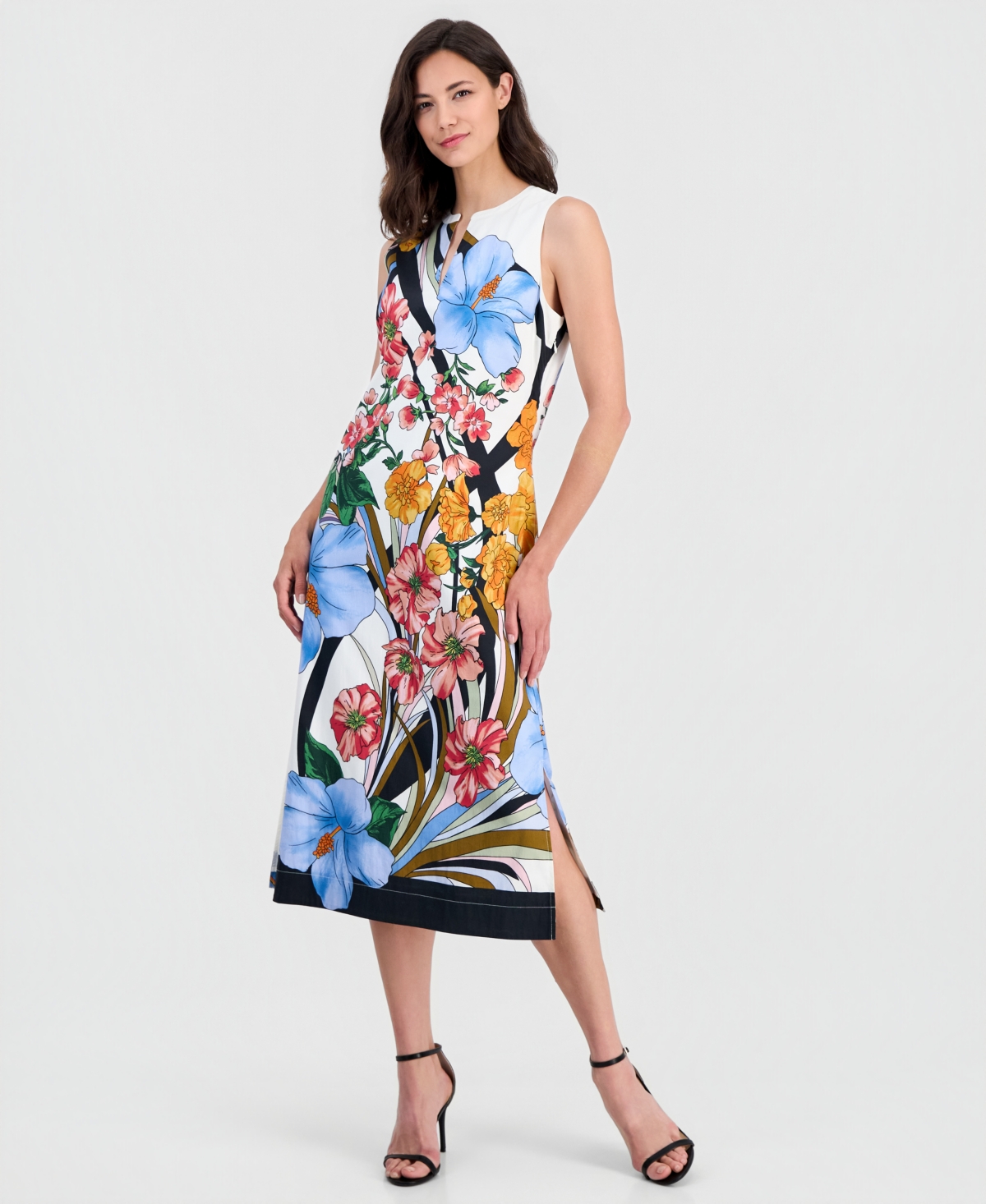 T Tahari Women’s Printed Split-Neck Sleeveless Dress – Tropical Swirl