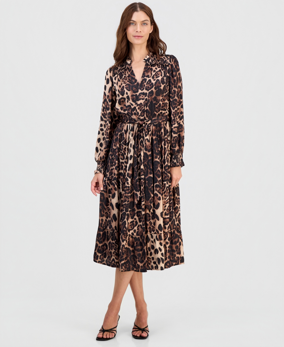 T Tahari Women’s Printed Tie-waist Smocked-Cuff Midi Dress – Fall Spots