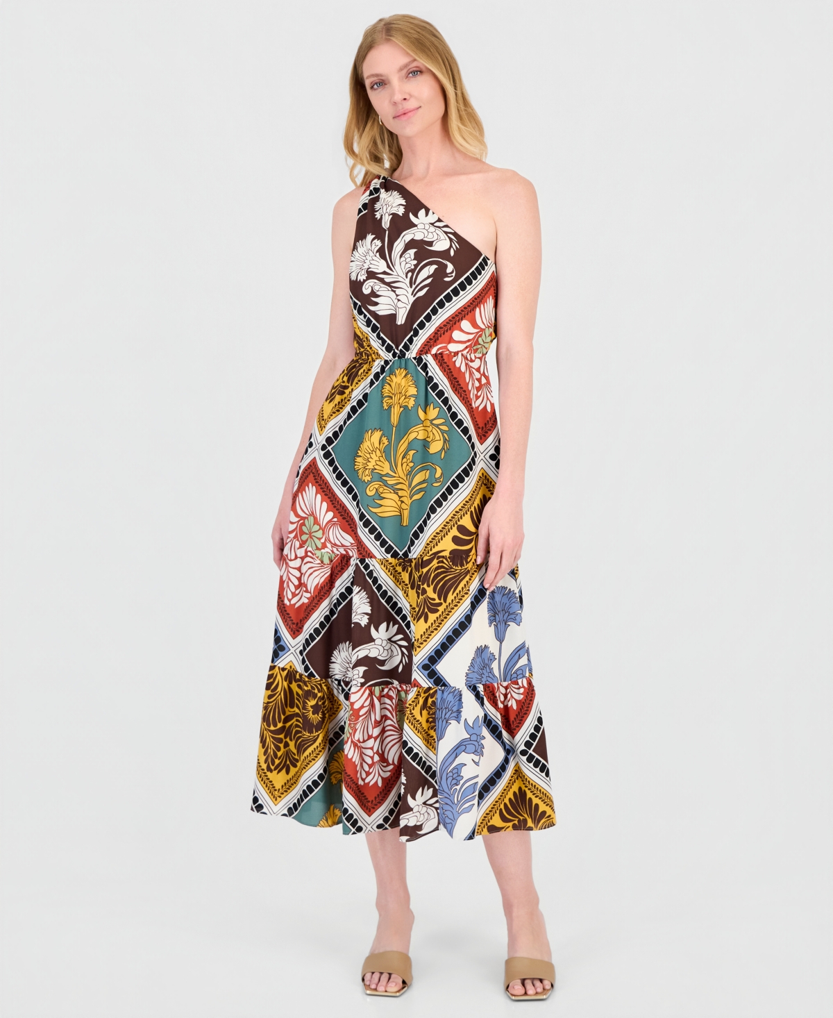 T Tahari Women’s Printed Tiered One-Shoulder Maxi Dress – Serene Hillside