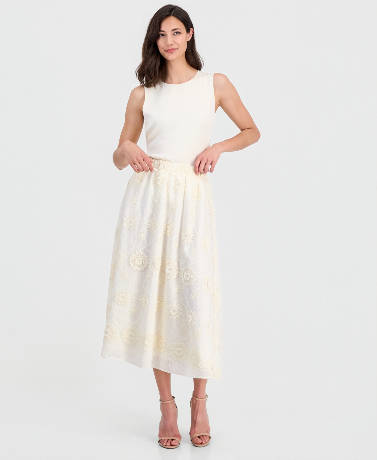 T Tahari Women’s Pull-On Floral-Embroidered Midi Skirt – Ecru T Tahari Women’s Pull-On Floral-Embroidered Midi Skirt – Ecru