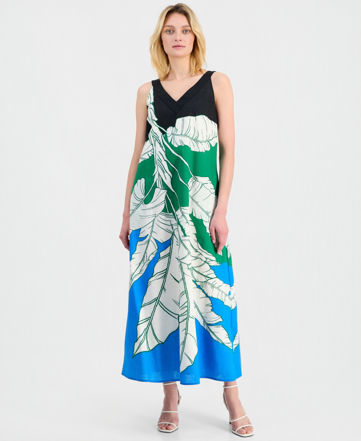T Tahari Women’s Sleeveless Double V-Neck A-Line Maxi Dress – Palm Cascade