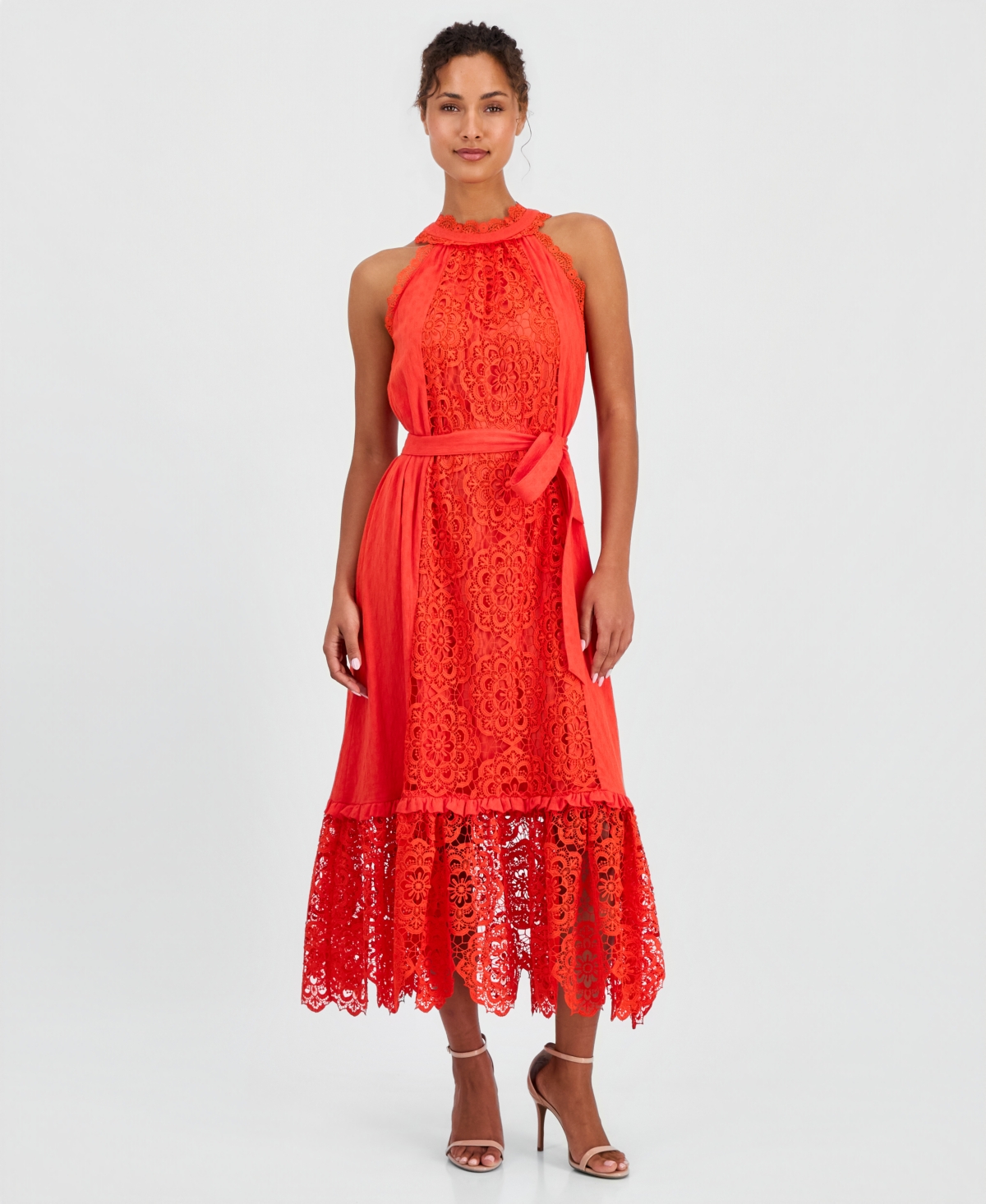 T Tahari Women’s Sleeveless Halter Lace Maxi Dress – Bright Poppy T Tahari Women’s Sleeveless Halter Lace Maxi Dress – Bright Poppy