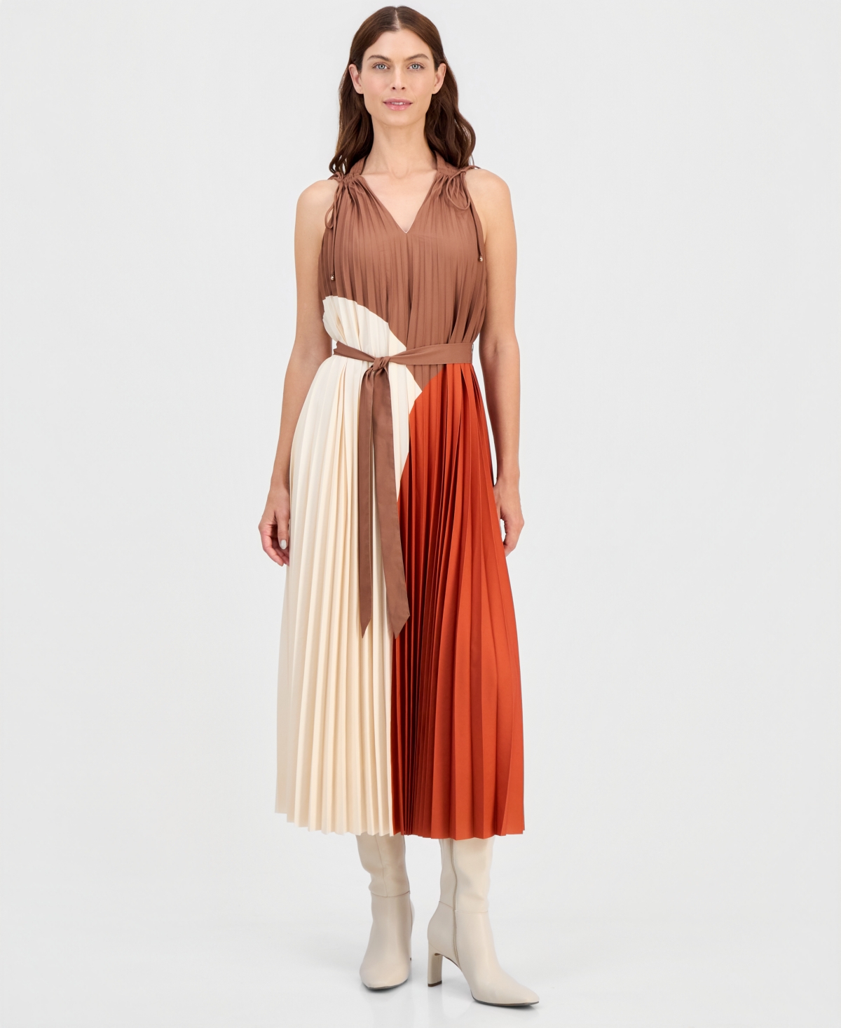 T Tahari Women’s V-Neck Pleated A-Line Midi Dress – Multi Arch T Tahari Women’s V-Neck Pleated A-Line Midi Dress – Multi Arch