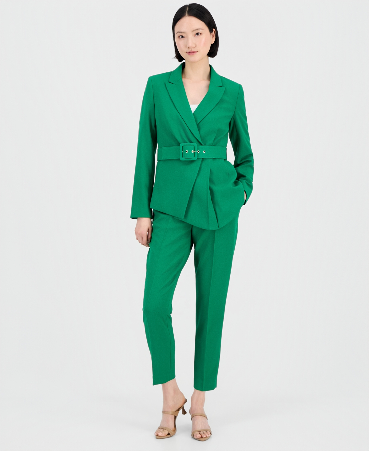Tahari Asl Women’s Belted Asymmetrical Jacket & Slim-Fit Pantsuit Set – Emerald Tahari Asl Women’s Belted Asymmetrical Jacket & Slim-Fit Pantsuit Set – Emerald