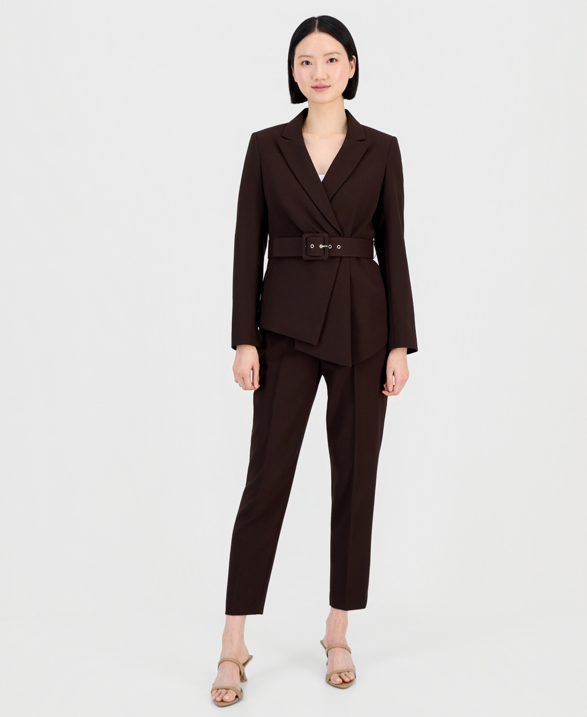 Tahari Asl Women’s Belted Asymmetrical Jacket & Slim-Fit Pantsuit Set – Espresso Tahari Asl Women’s Belted Asymmetrical Jacket & Slim-Fit Pantsuit Set – Espresso