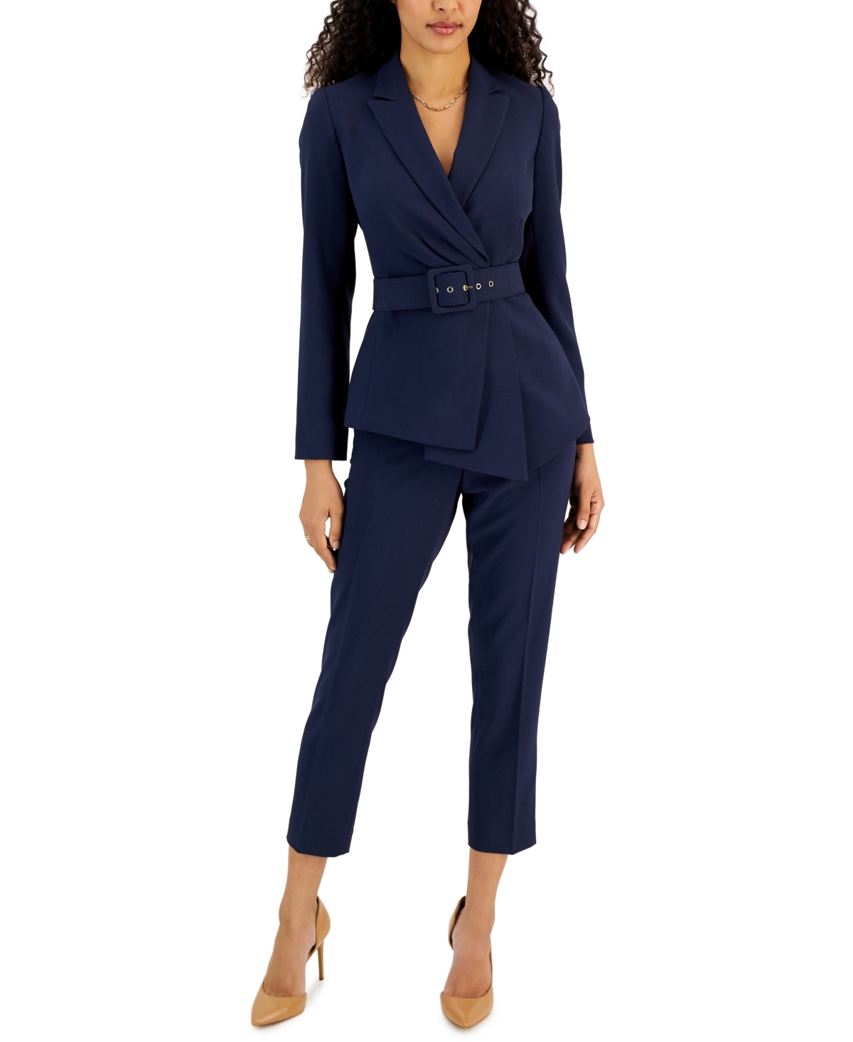 Tahari Asl Women’s Belted Asymmetrical Jacket & Slim-Fit Pantsuit Set – Midnight Navy Tahari Asl Women’s Belted Asymmetrical Jacket & Slim-Fit Pantsuit Set – Midnight Navy