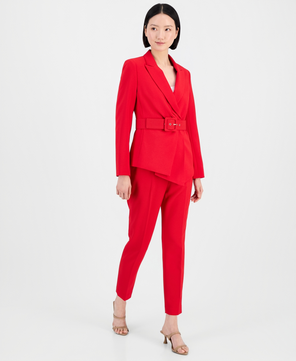 Tahari Asl Women’s Belted Asymmetrical Jacket & Slim-Fit Pantsuit Set – Red
