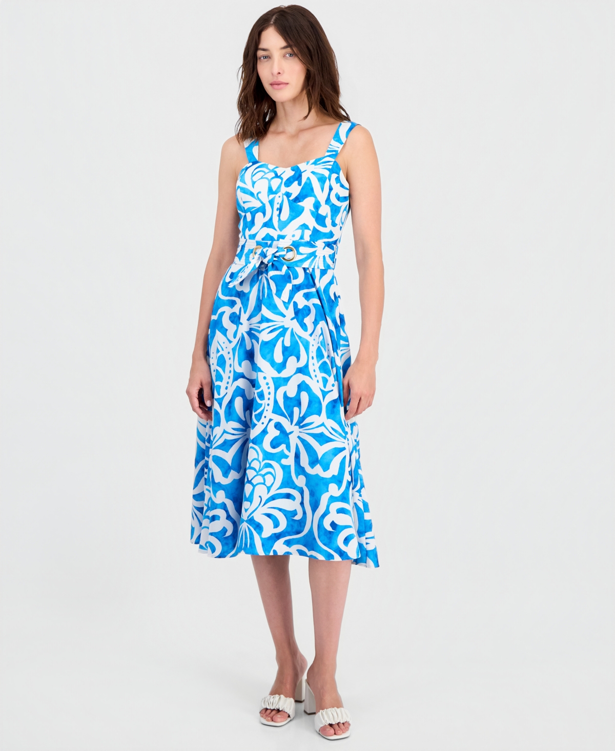 Tahari Asl Women’s Belted Sleeveless Midi Dress – BLUE JEWEL IVORY