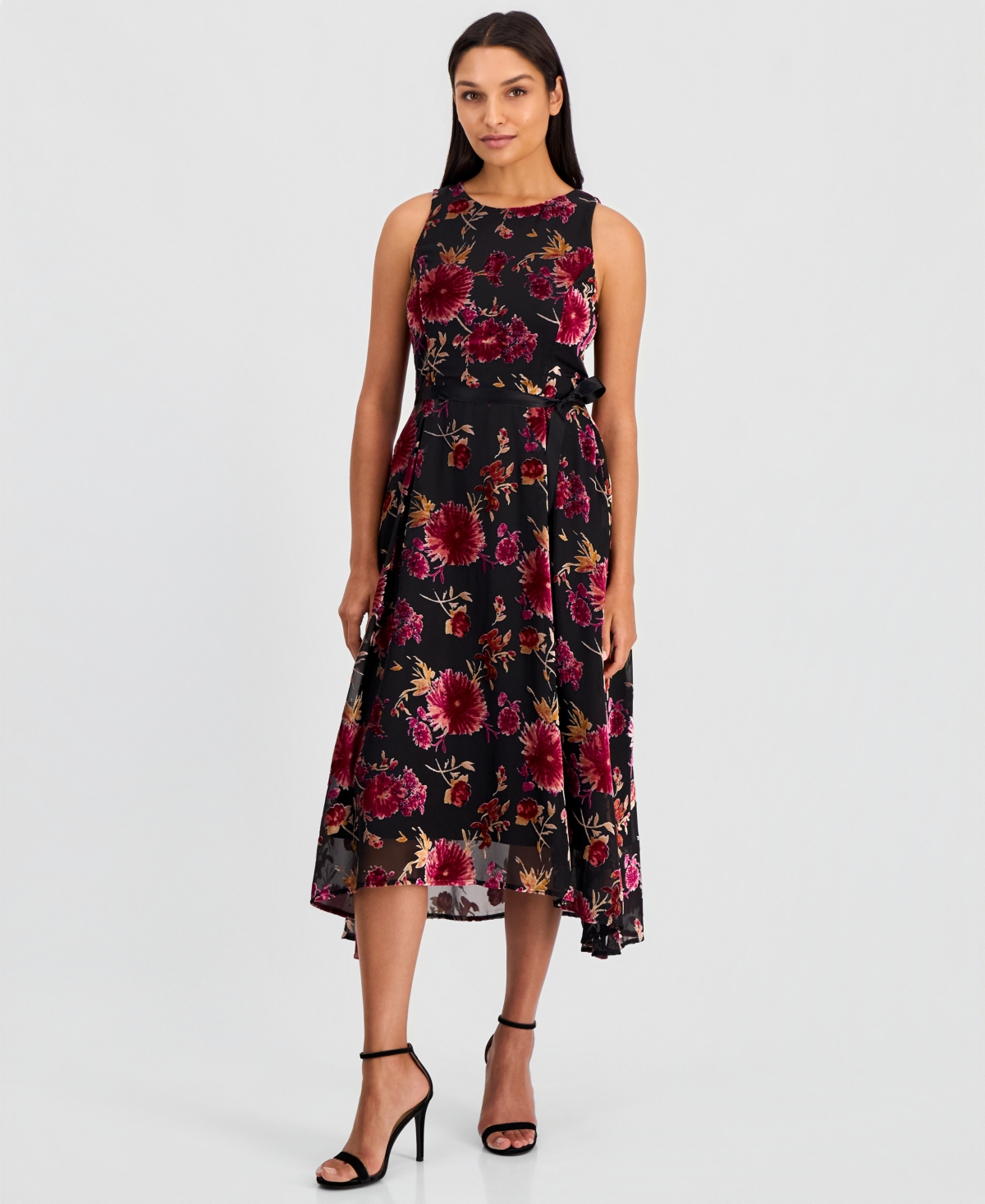Tahari Asl Women’s Burnout Sleeveless Tie-Waist High-Low-Hem Dress – BLACK MULTI Tahari Asl Women’s Burnout Sleeveless Tie-Waist High-Low-Hem Dress – BLACK MULTI
