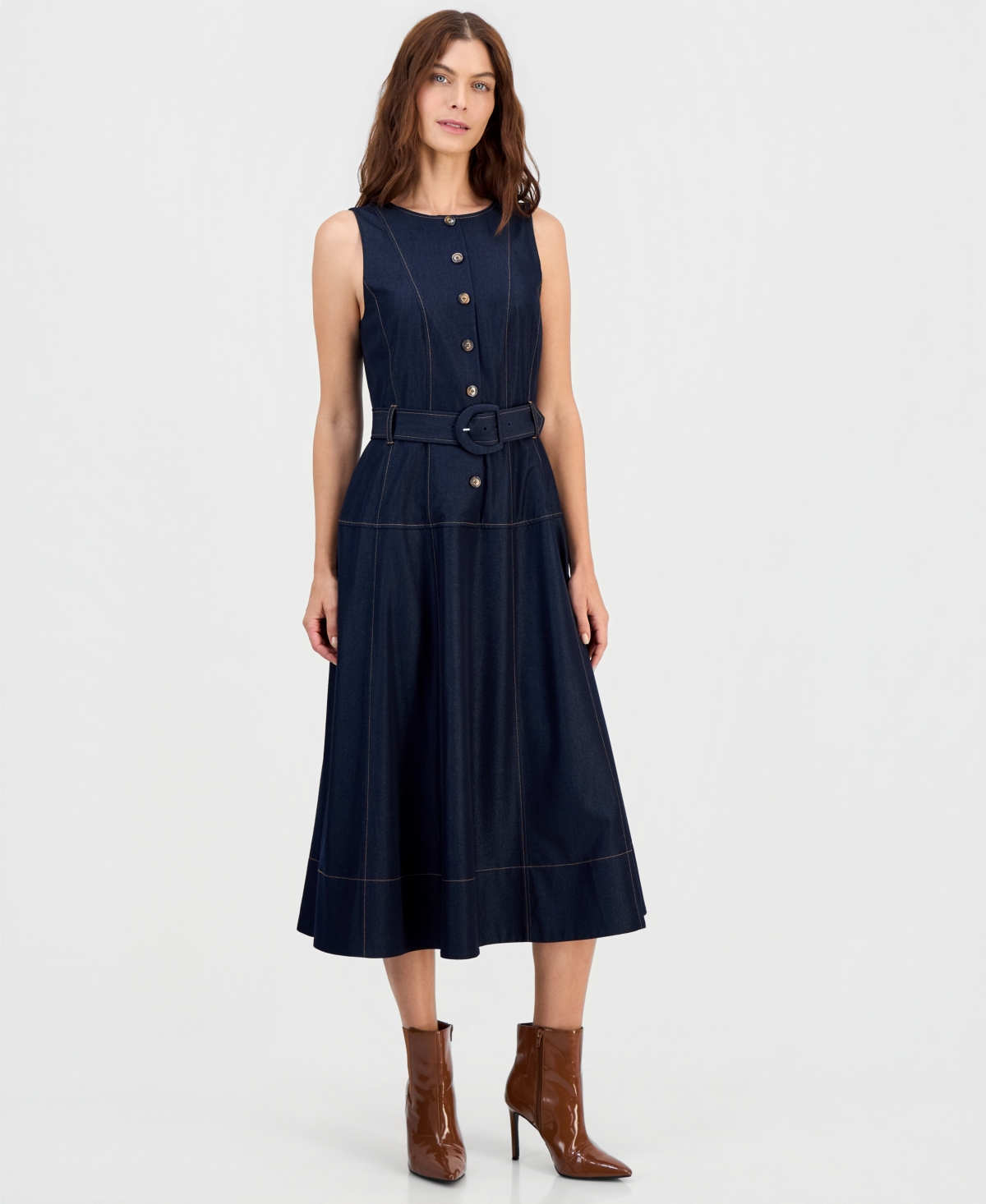 Tahari Asl Women’s Button-Front Belted Fit and Flare Midi Dress – Dark Denim Tahari Asl Women’s Button-Front Belted Fit and Flare Midi Dress – Dark Denim