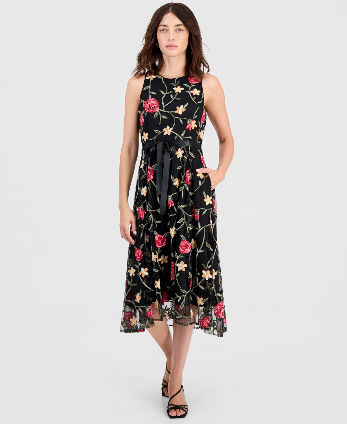 Tahari Asl Women’s Embroidered Belted Sleeveless Dress – BLACK MULTI Tahari Asl Women’s Embroidered Belted Sleeveless Dress – BLACK MULTI