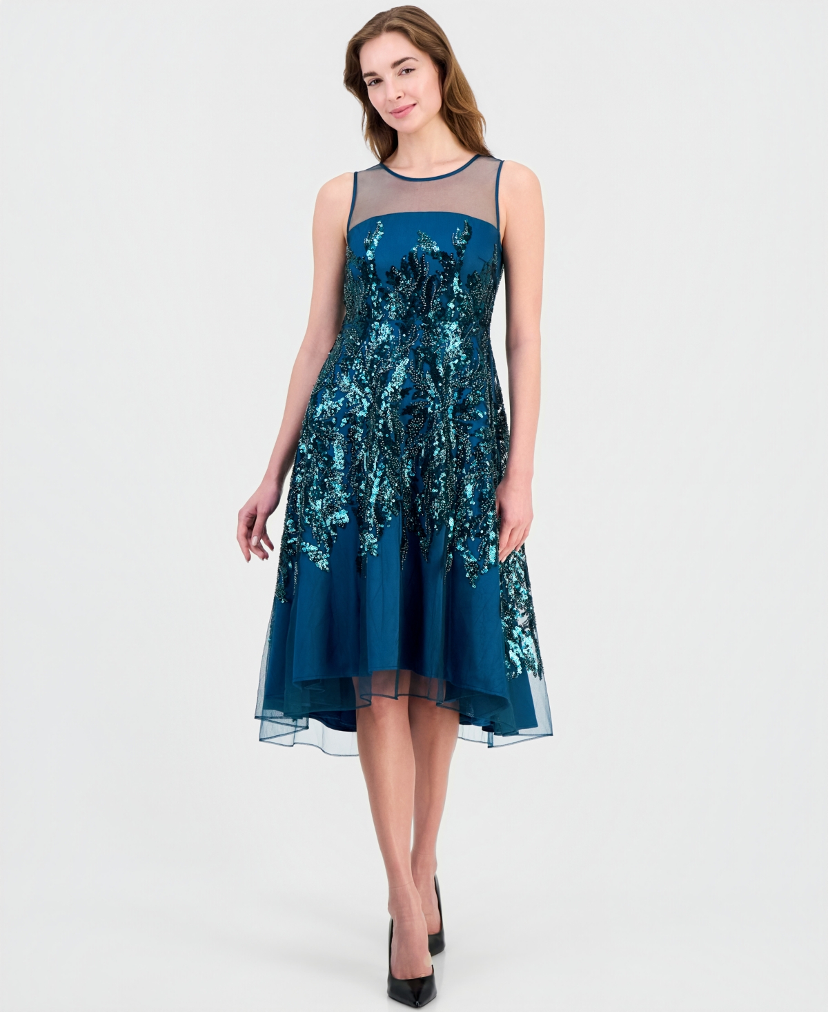 Tahari Asl Women’s Illusion and Sequin Midi Boat-Neck Sleeveless Dress – TEAL JEWEL Tahari Asl Women’s Illusion and Sequin Midi Boat-Neck Sleeveless Dress – TEAL JEWEL